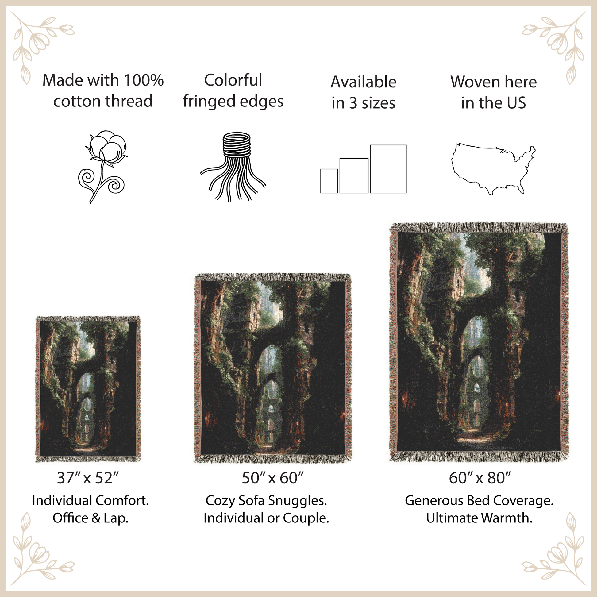 Woven blanket with nature design, size options, and features listed.