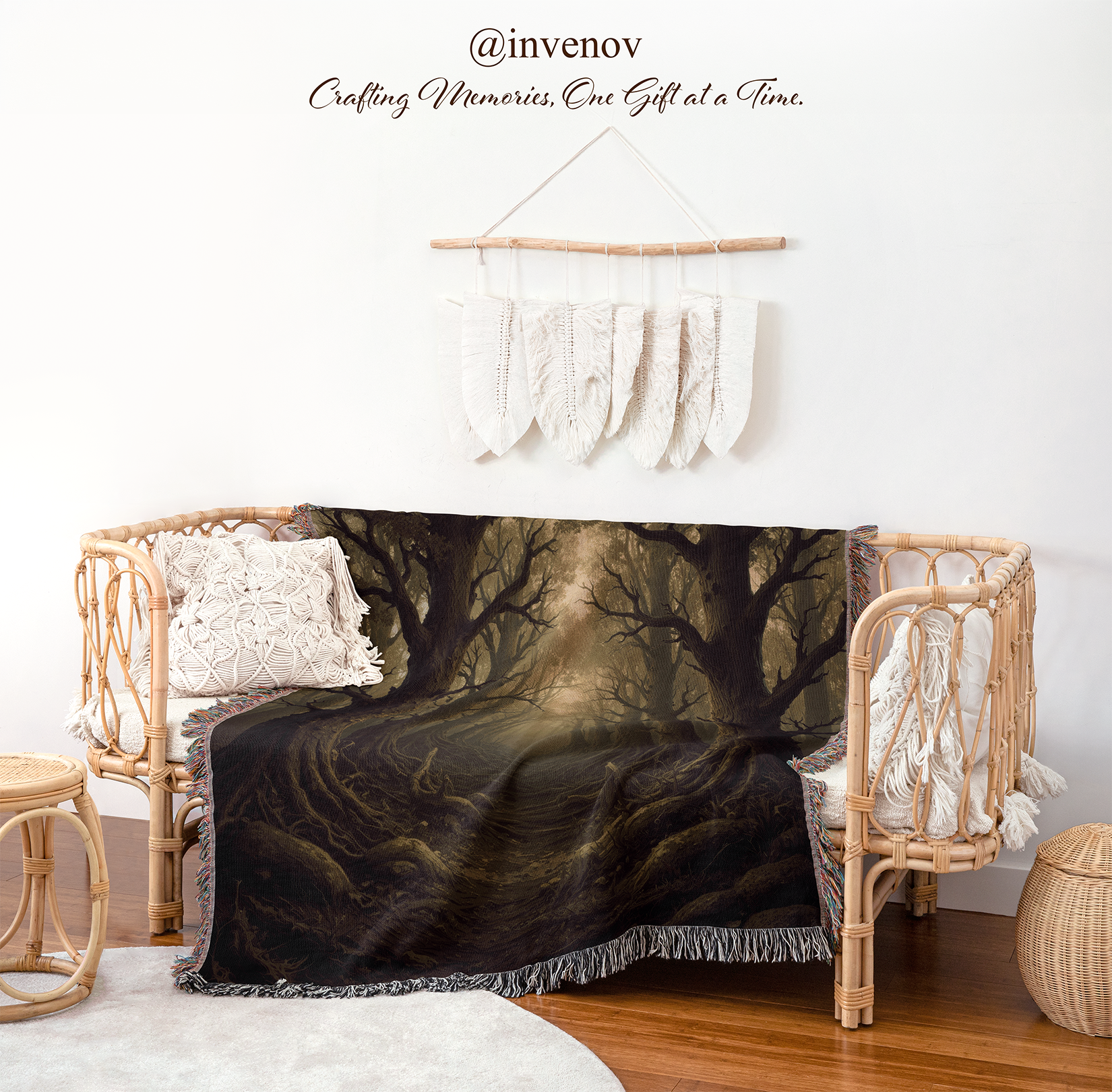 Blanket with nature design draped over a chair