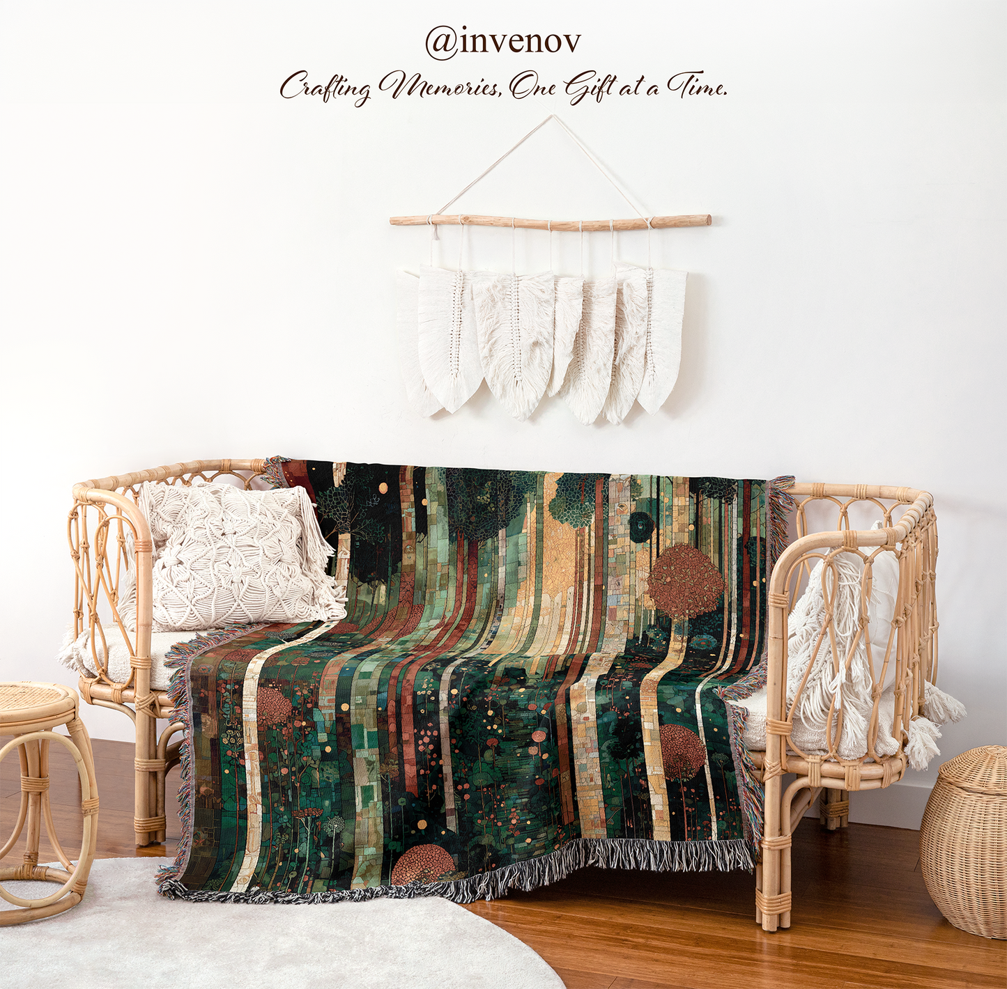Decorative blanket with abstract pattern draped over a chair