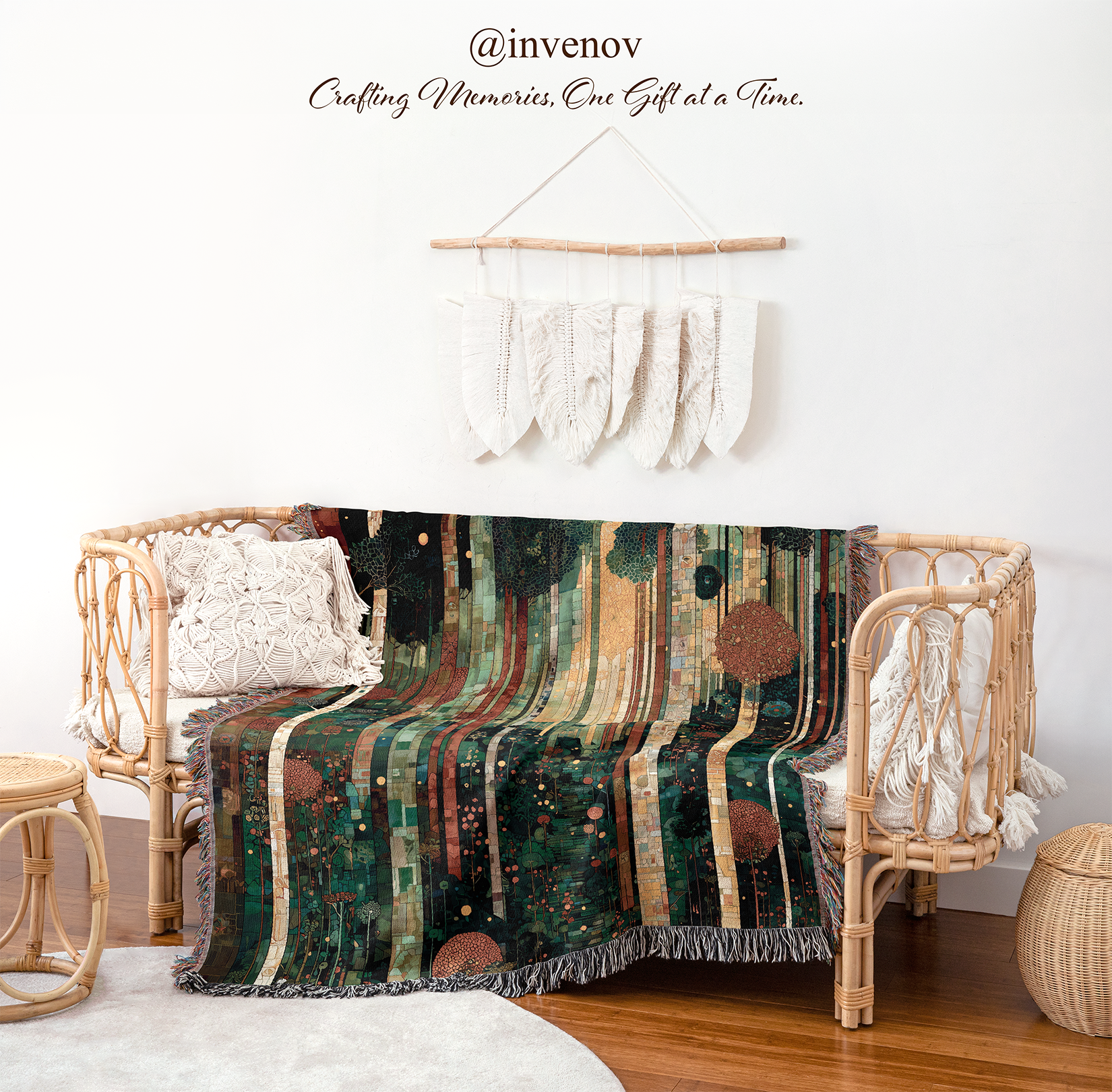 Decorative blanket with abstract pattern draped over a chair
