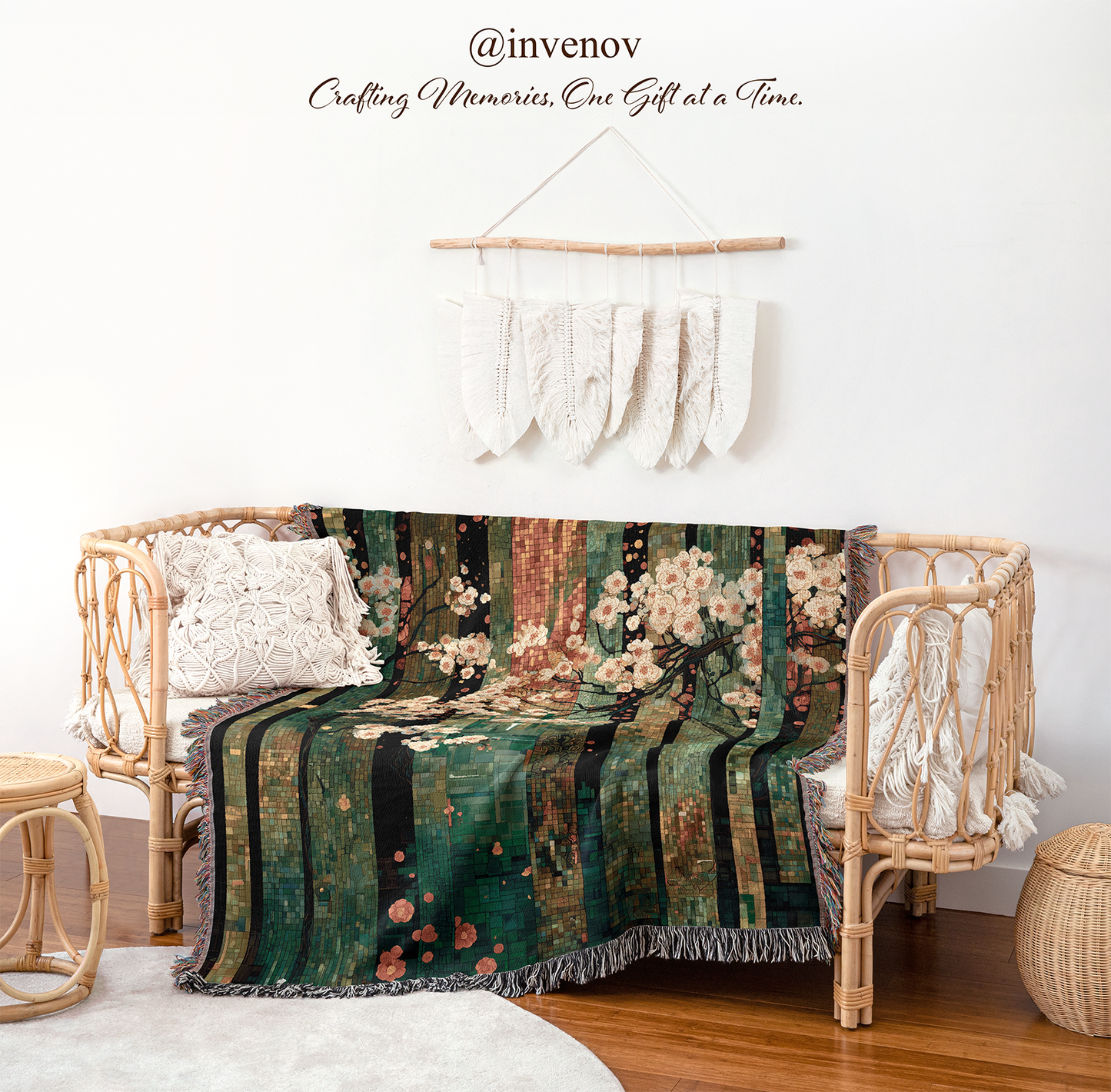 Decorative blanket with floral patterns draped over a wicker chair