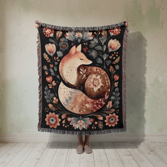 Cozy Fox Woven Blanket, Vintage Style Folk Art Floral Tapestry Throw, Woodland Animal Jacquard Blanket, Cottagecore Home Decor