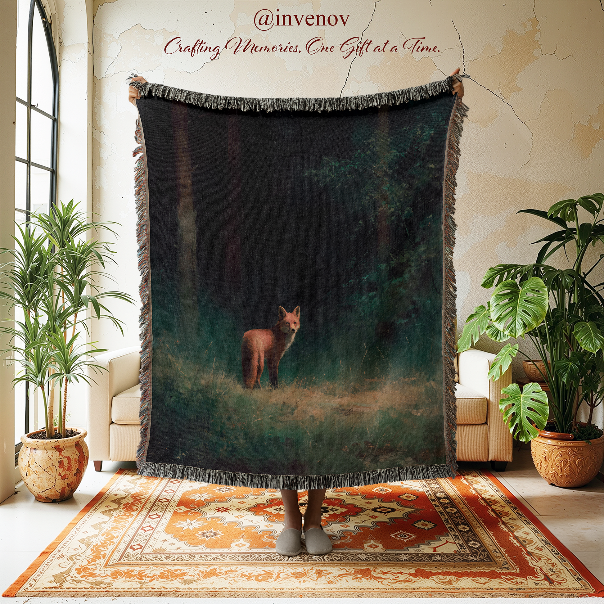 Blanket with a fox design in a room with plants and furniture.