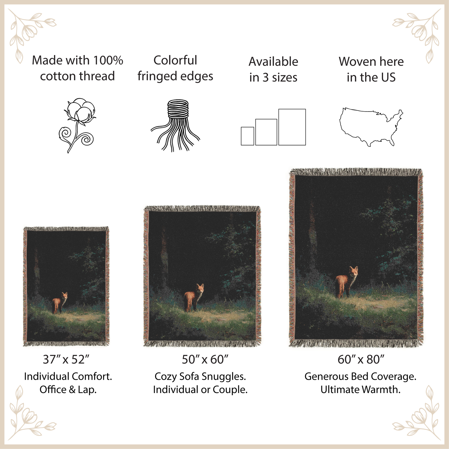 Three sizes of a woven blanket with a forest design and a deer, displayed with product details.