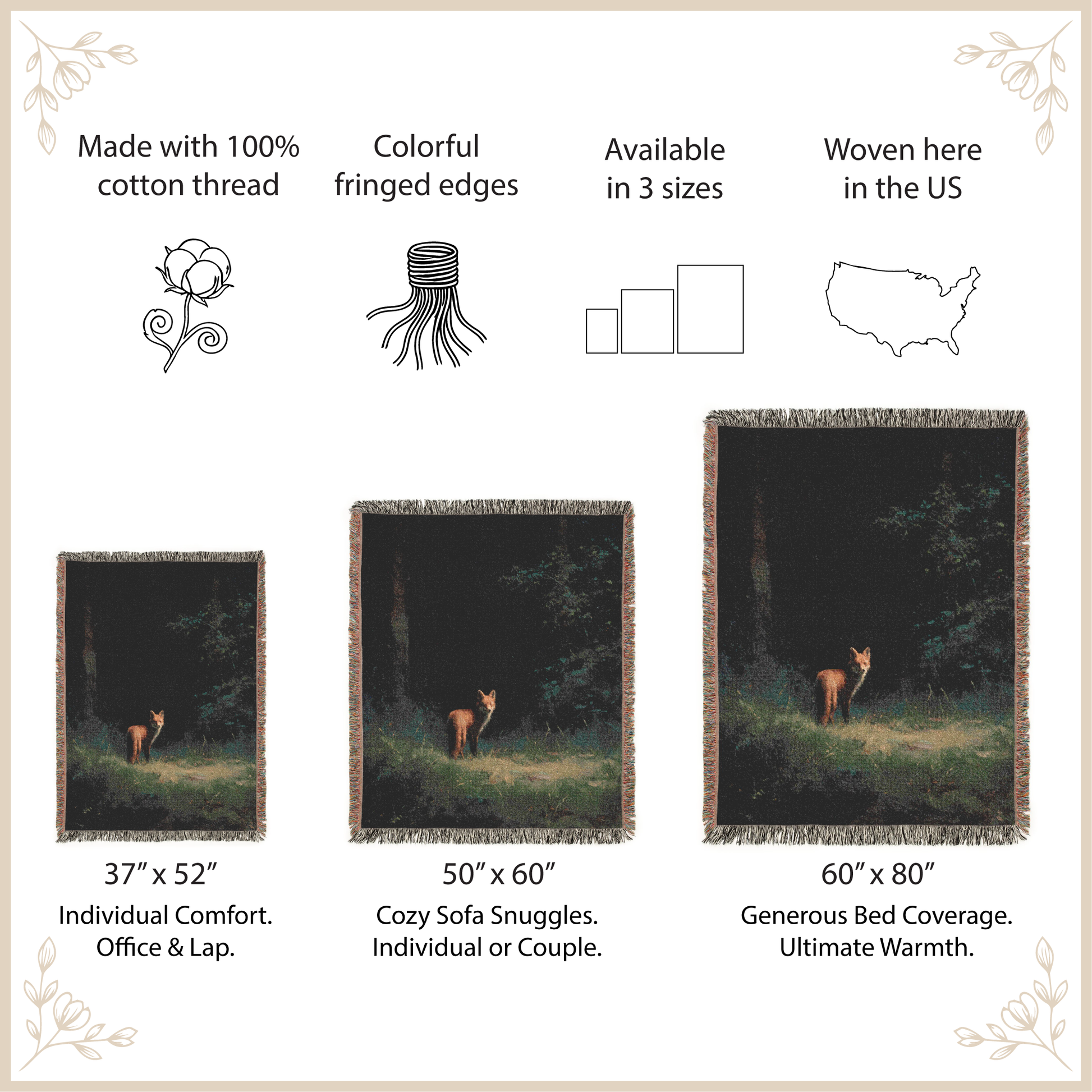 Three sizes of a woven blanket with a forest design and a deer, displayed with product details.