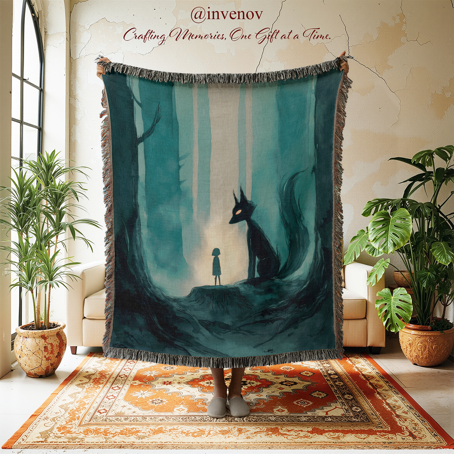 Decorative blanket with a fox and child design in a room with plants and furniture.