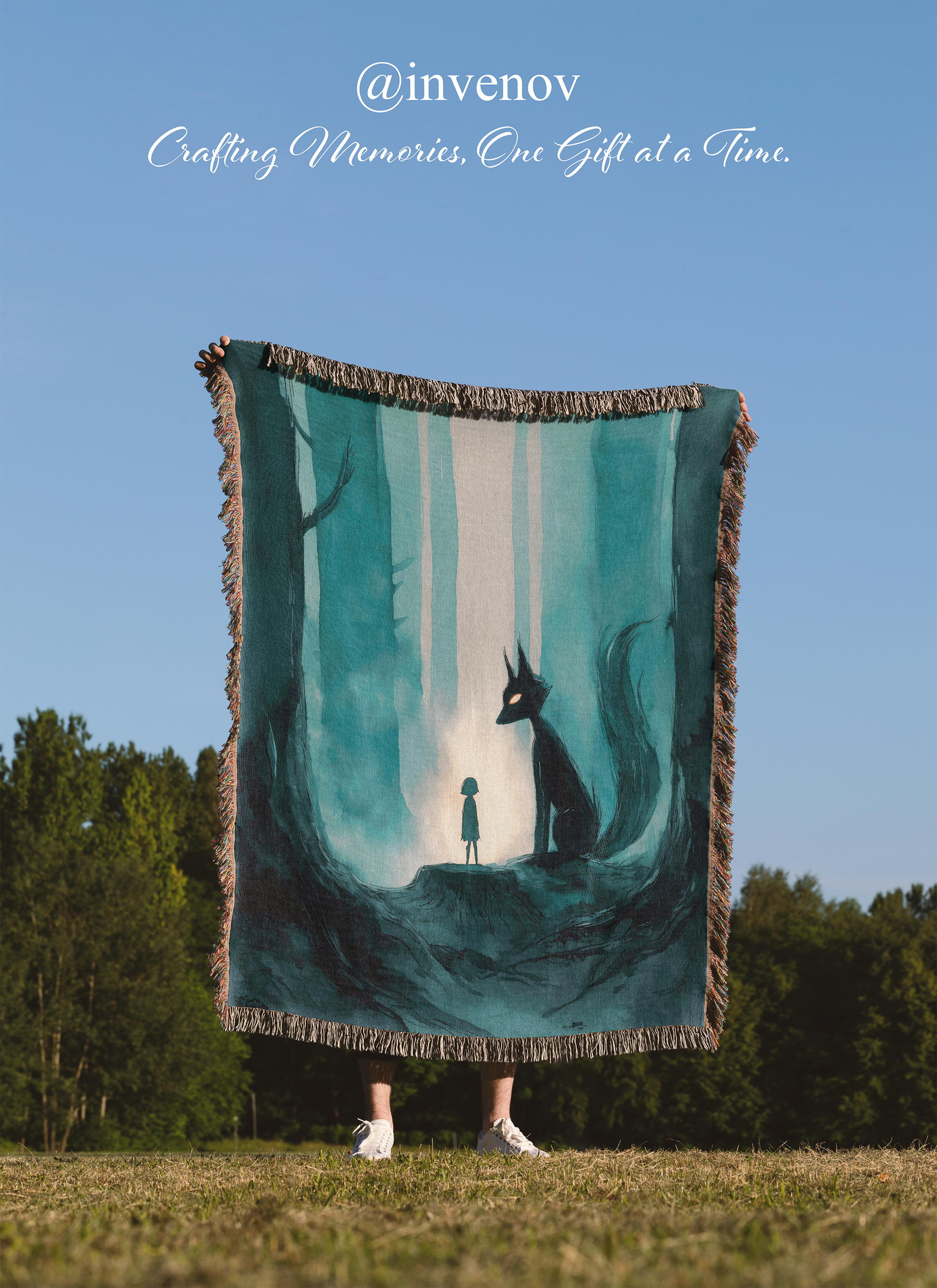 Person holding a large blanket with an artistic design of a fox and a child in a forest, outdoors.