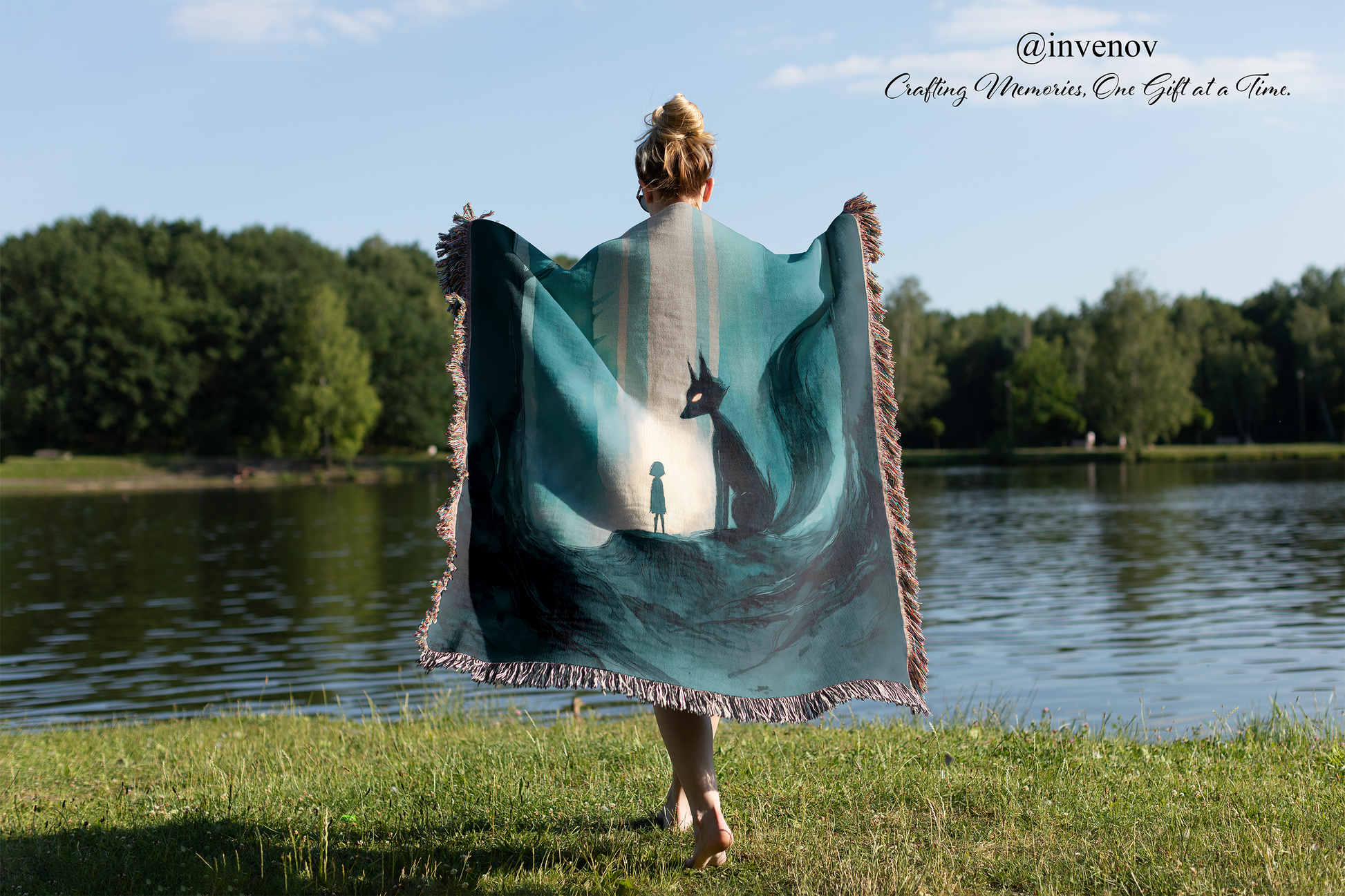 Person holding a large woven blanket with a nature design by a lake