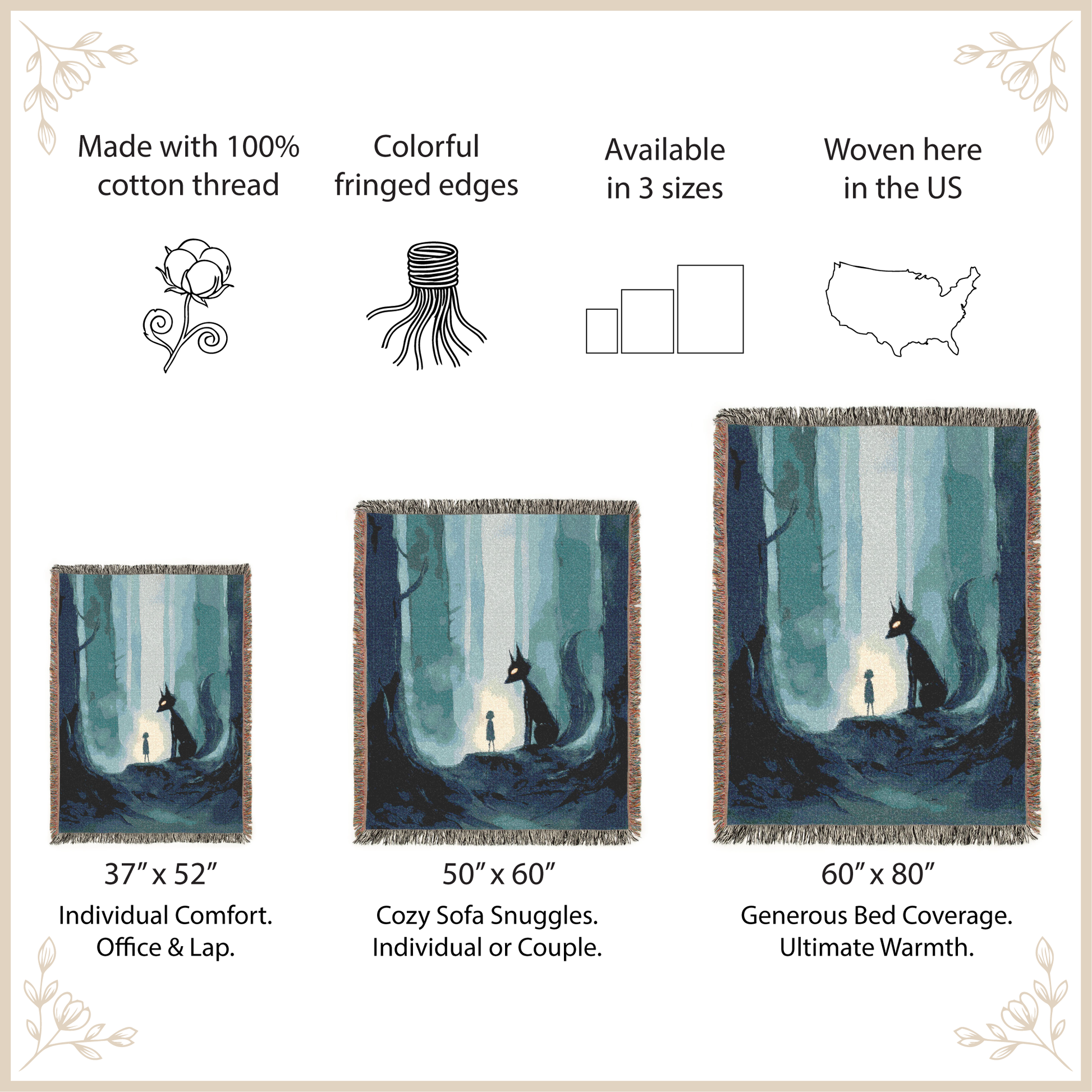 Woven blanket with forest and fox design and product size information on a beige background