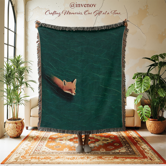 Green blanket with a fox design displayed in a room with plants and furniture.