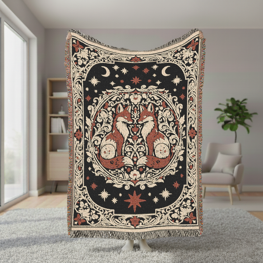 Fox Woven Blanket, Celestial Folk Art Tapestry, Romantic Cottagecore Jacquard Throw, Woodland Animal Decor, Fox Lover Gift, Sofa Bed Cover