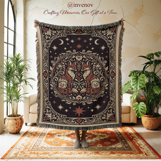 Decorative tapestry with celestial design in a room with plants and furniture.