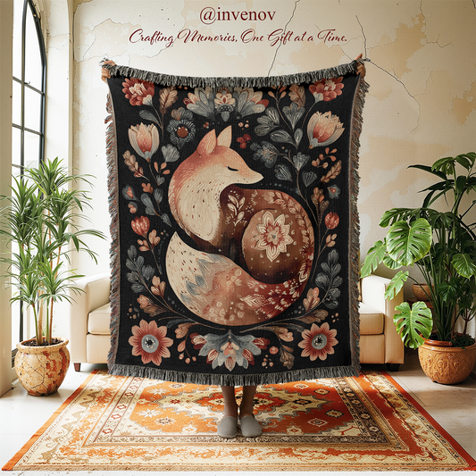 Decorative throw blanket with fox and floral design in a room with plants and furniture.