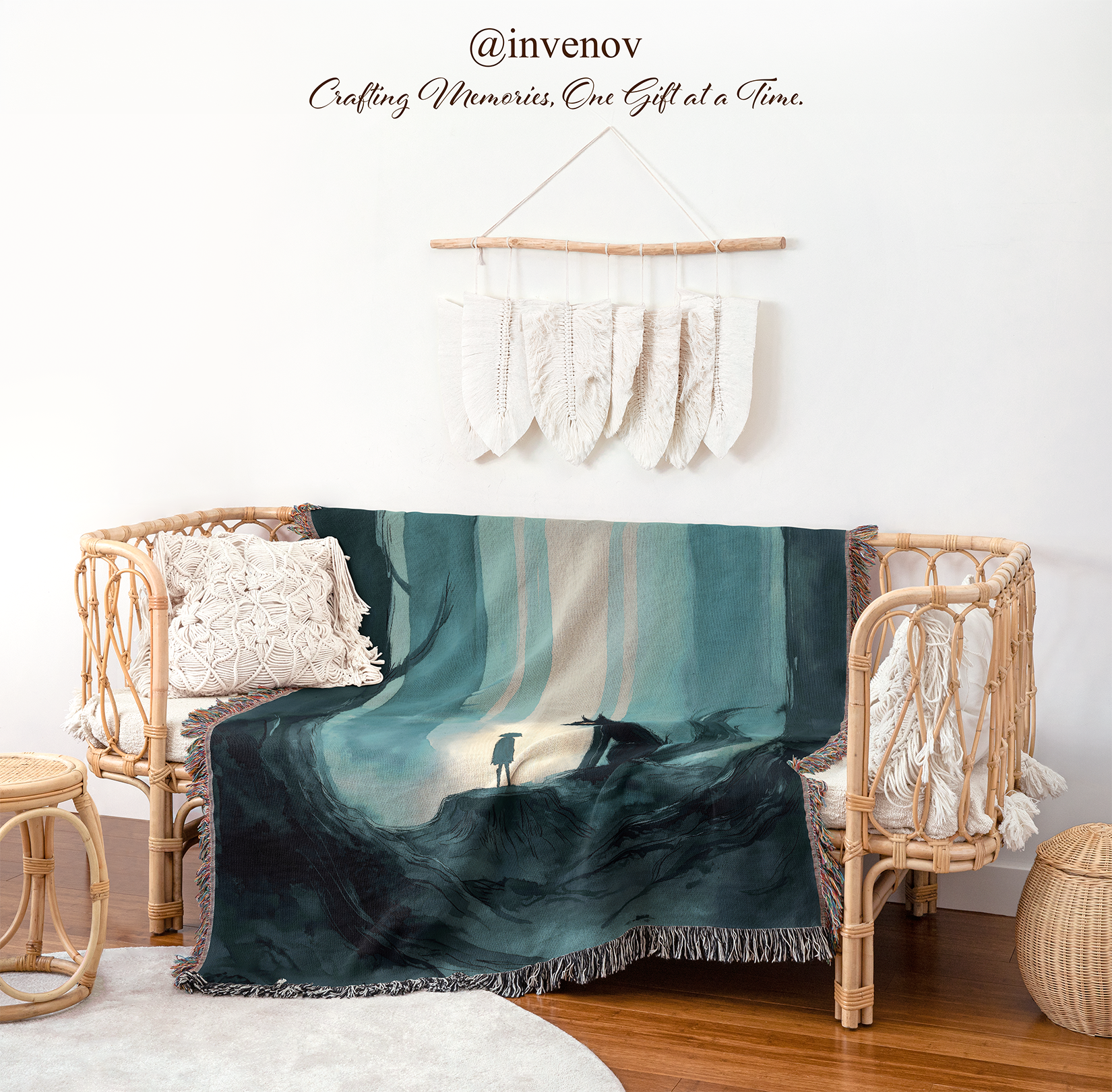 Decorative blanket with artistic design draped over a chair in a room setting.