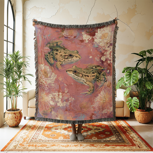 Frog Woven Blanket, Floral Tapestry Wall Hanging, Goblincore Cottagecore Jacquard Throw, Japanese Asian Style Art, Frog and Toad Lover Gift