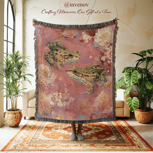 Decorative throw blanket with frog design in a room with plants and furniture.