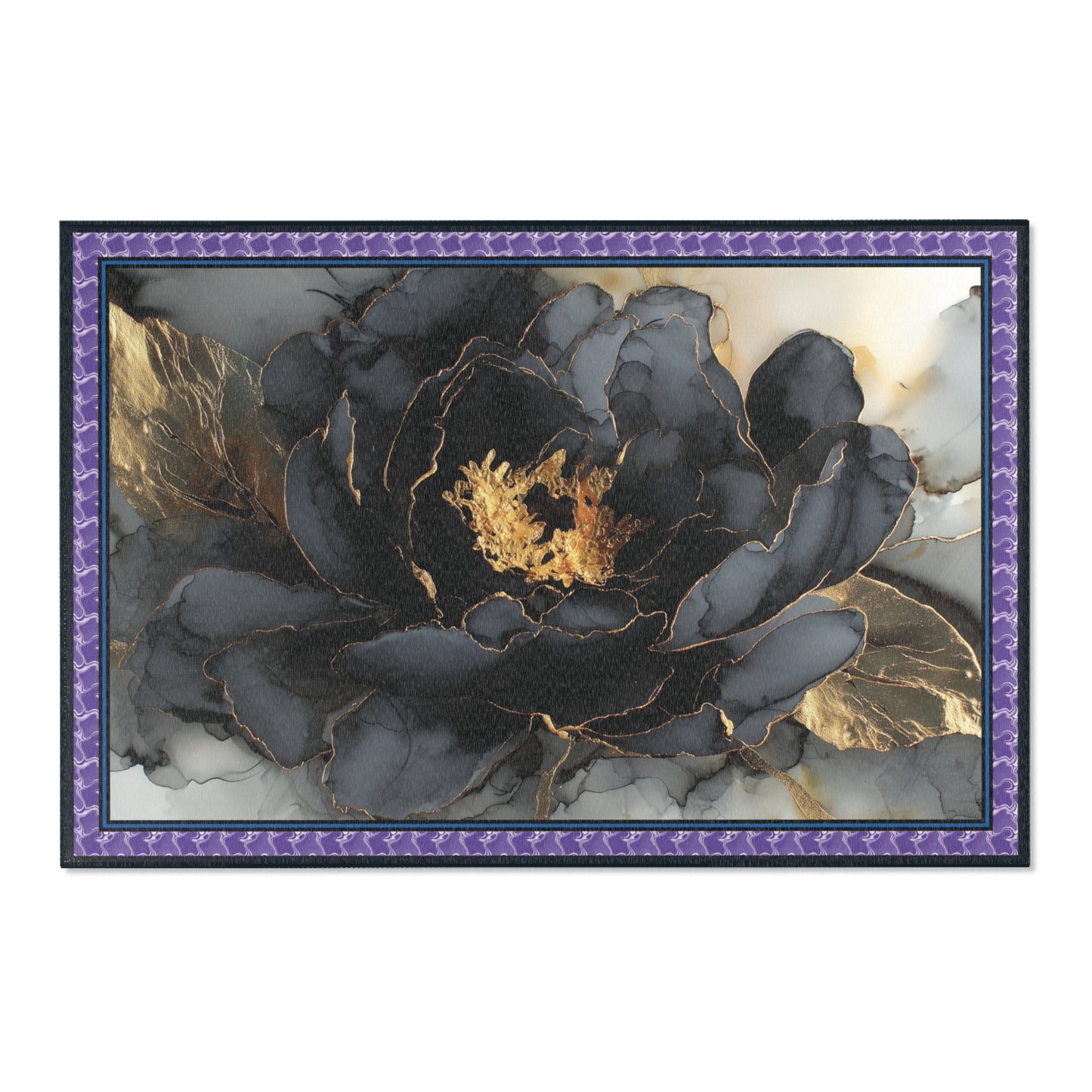 Decorative wall art with a black and gold floral design in a purple frame.