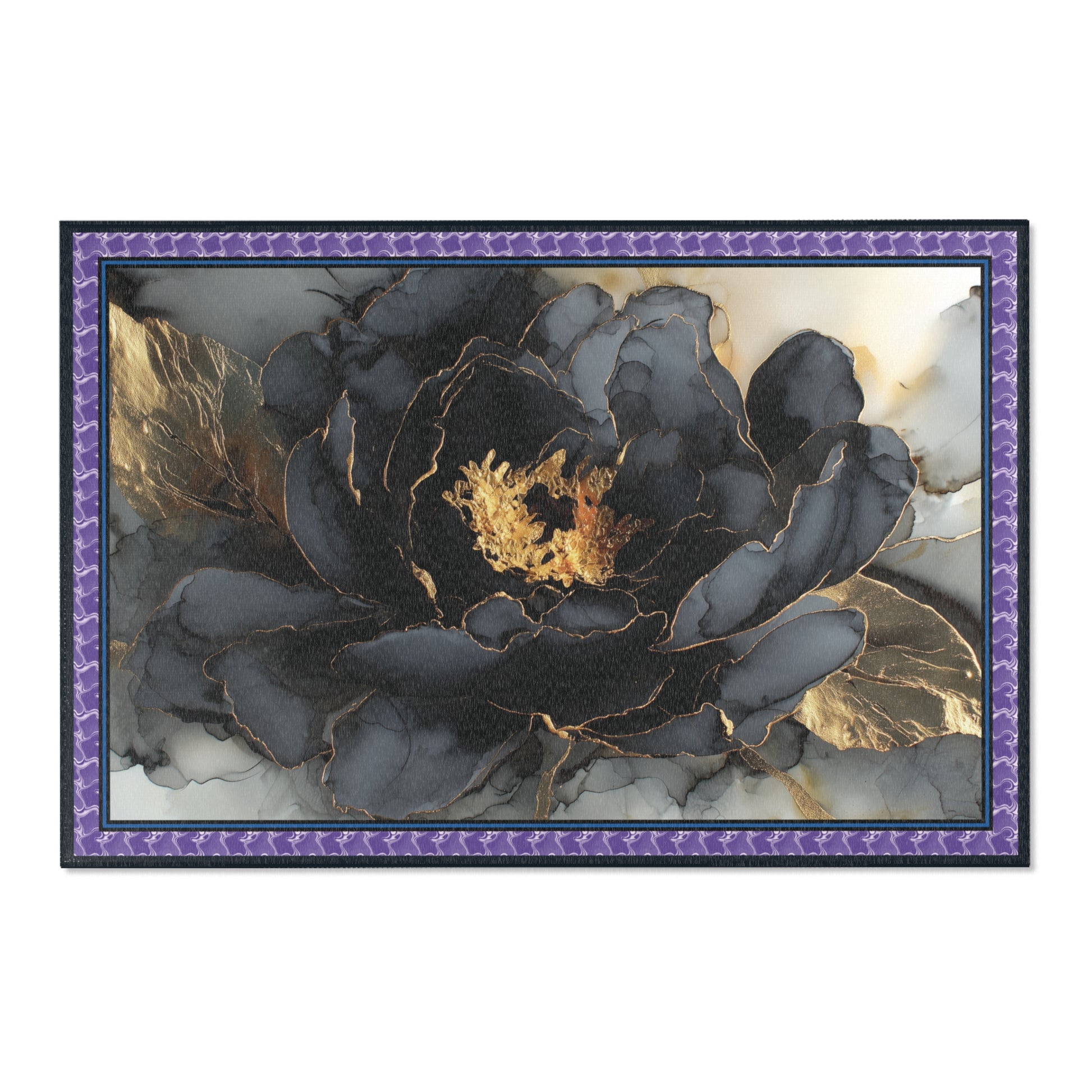 Decorative wall art with a black and gold floral design in a purple frame.