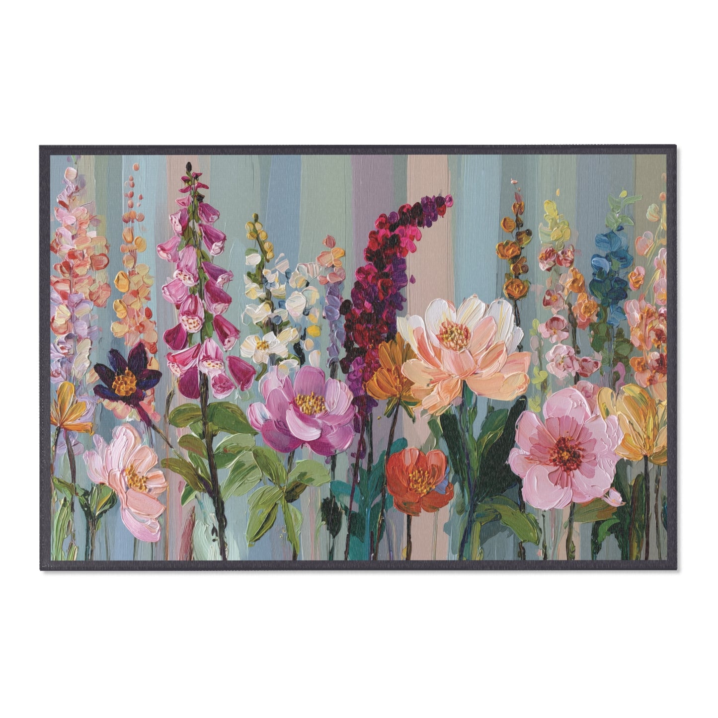 Area Rug with artwork of colorful floral design on a striped background