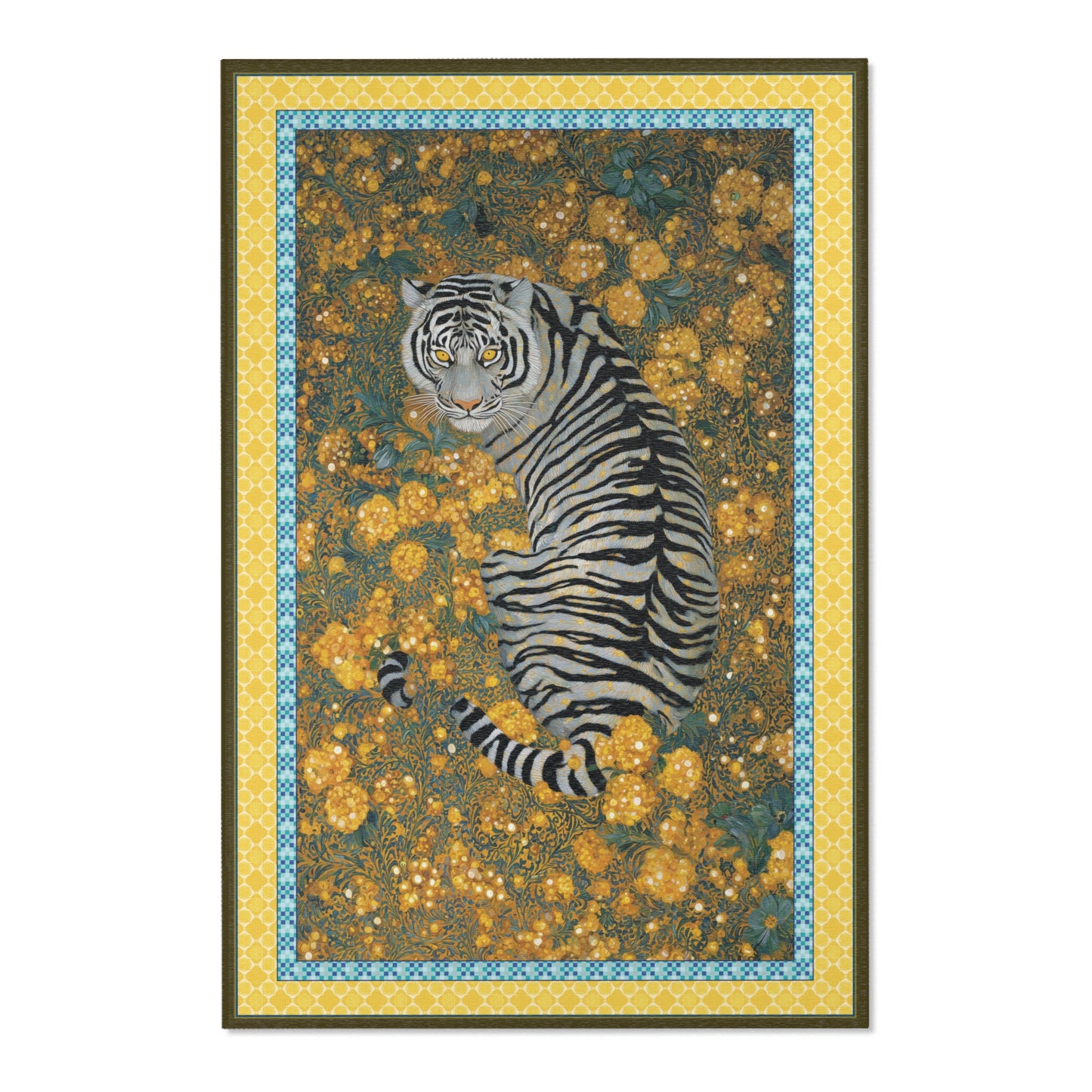 carpet with graphic of a tiger on a floral background
