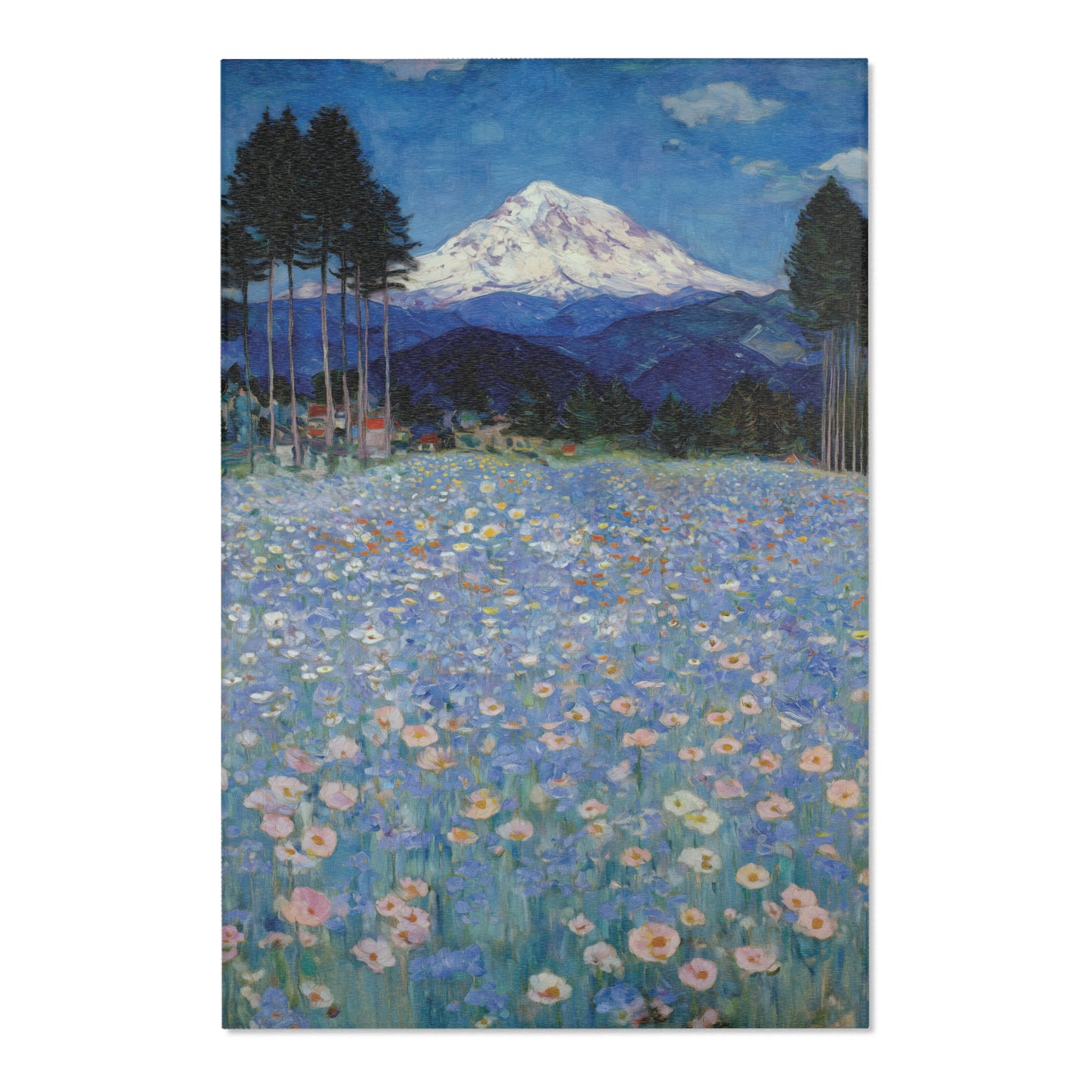 Mountain Wildflower Area Rug, Blue Meadow Floor Mat, Snow Peak Nature Carpet, Impressionist Landscape Rug Large Living Room Decor Floral Art