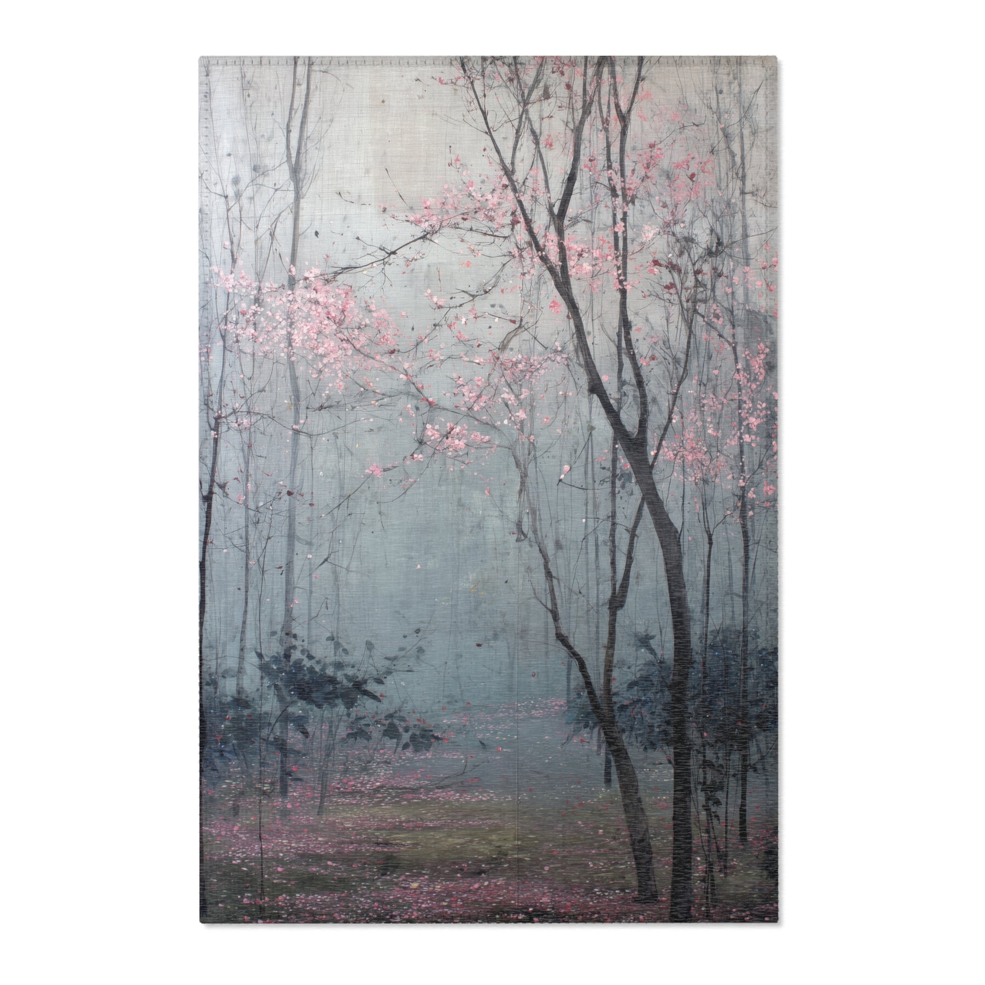 Area rug artwork of a forest scene with cherry blossoms on a white background