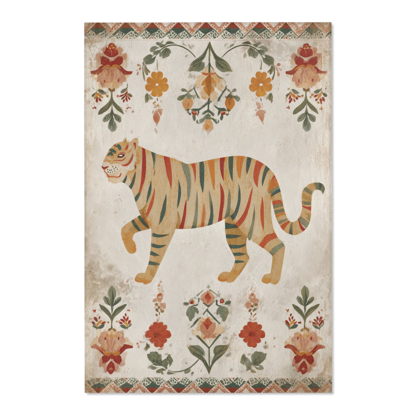 Decorative rug with a tiger design and floral patterns on a beige background