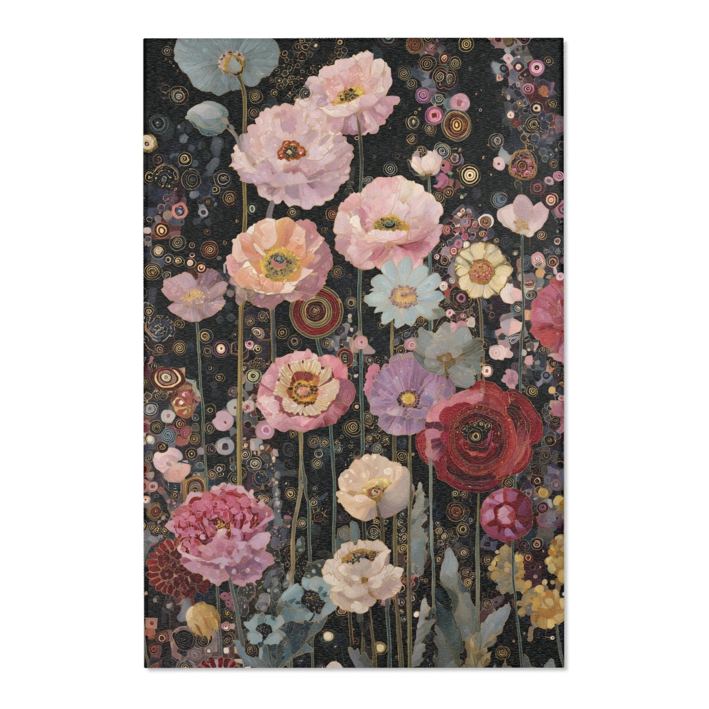 Floral patterned area rug on a black background