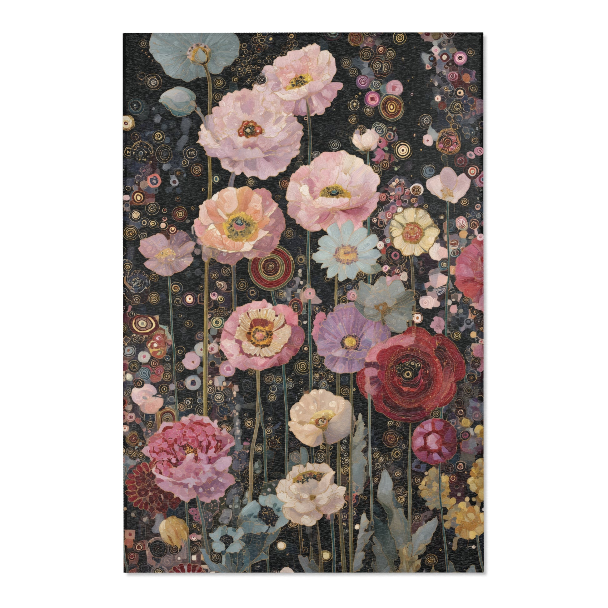Floral patterned area rug on a black background