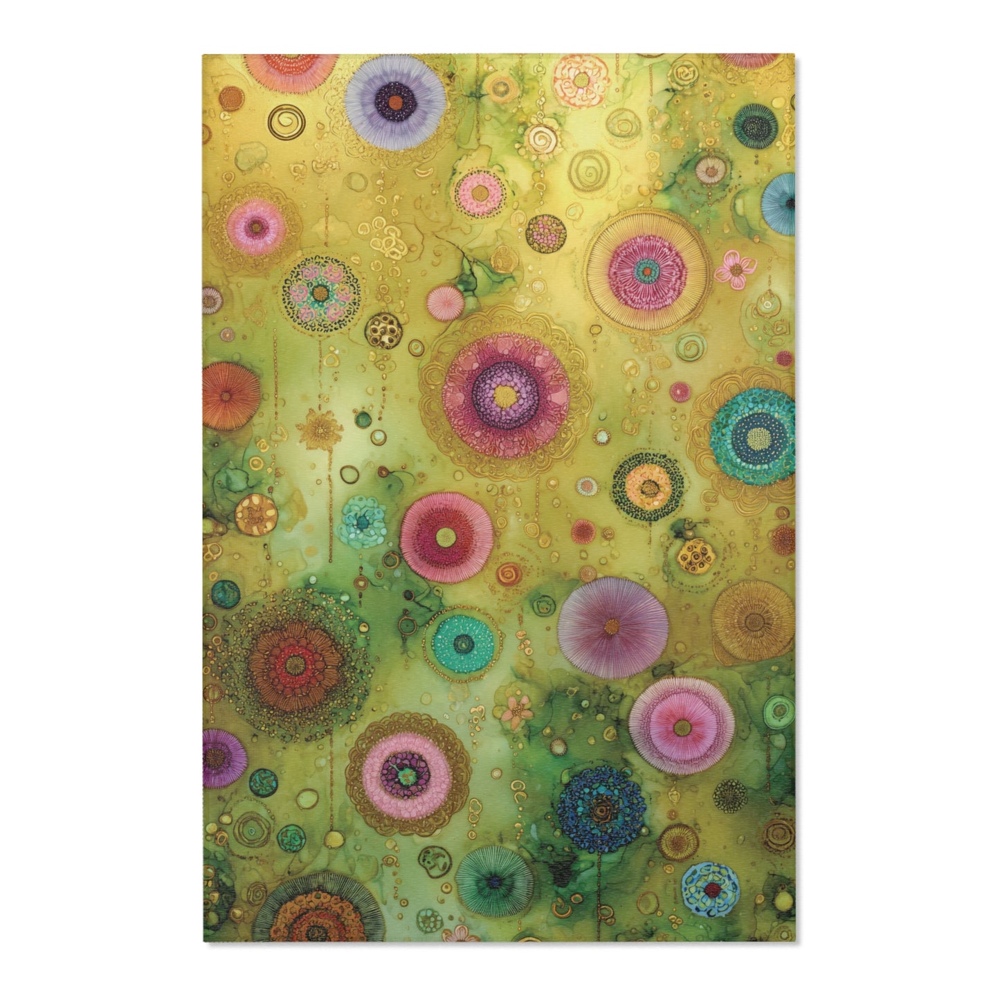 Colorful floral area rug with circular designs on a white background