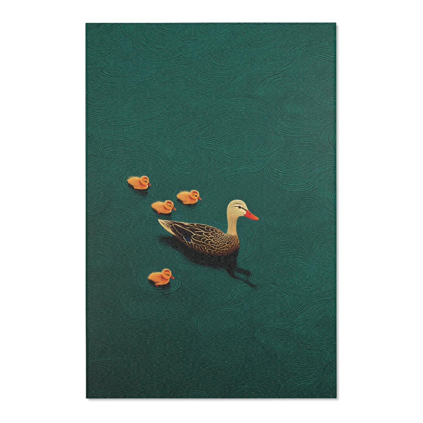 Area rug design of a duck and ducklings on a green background