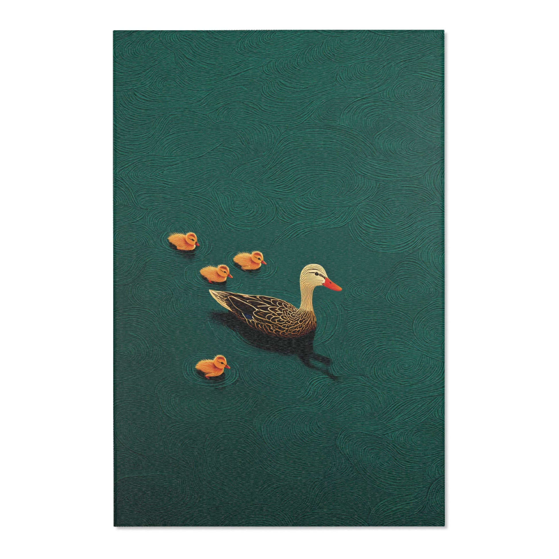 Area rug design of a duck and ducklings on a green background
