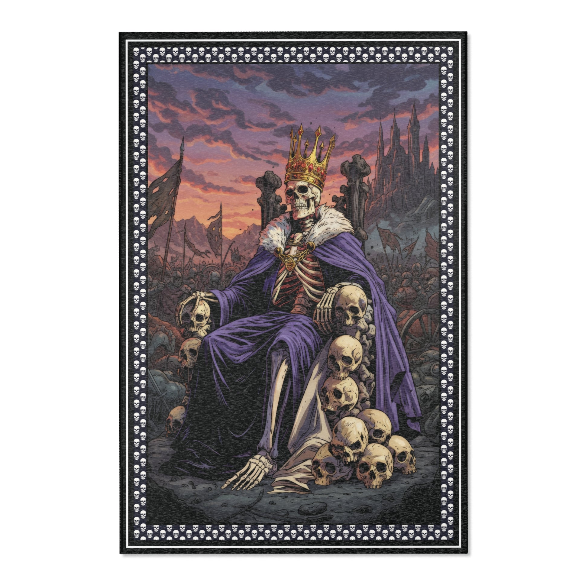 Area rug of a skeleton in a purple robe with a crown, surrounded by skulls, against a sunset sky.
