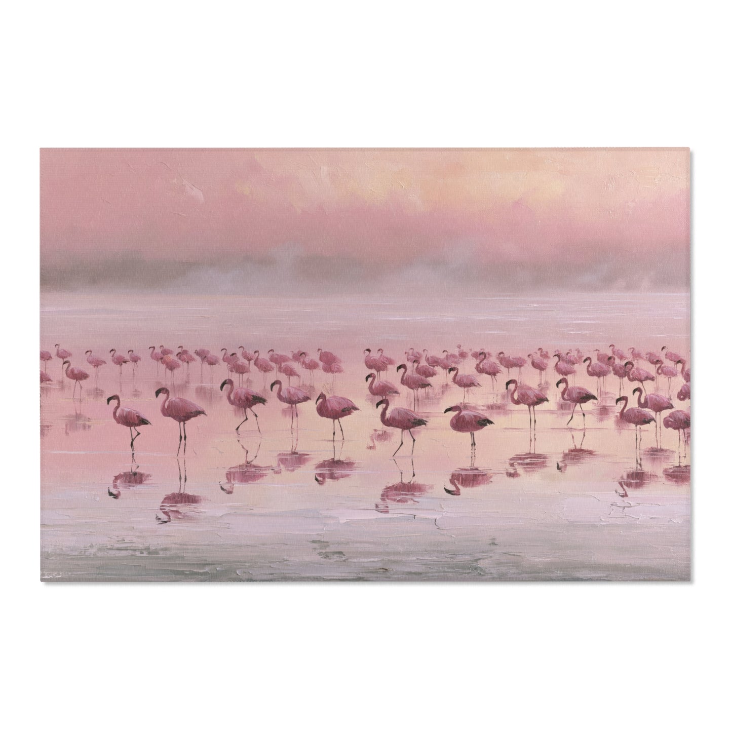 Group of pink flamingos standing in water with a pastel sky.