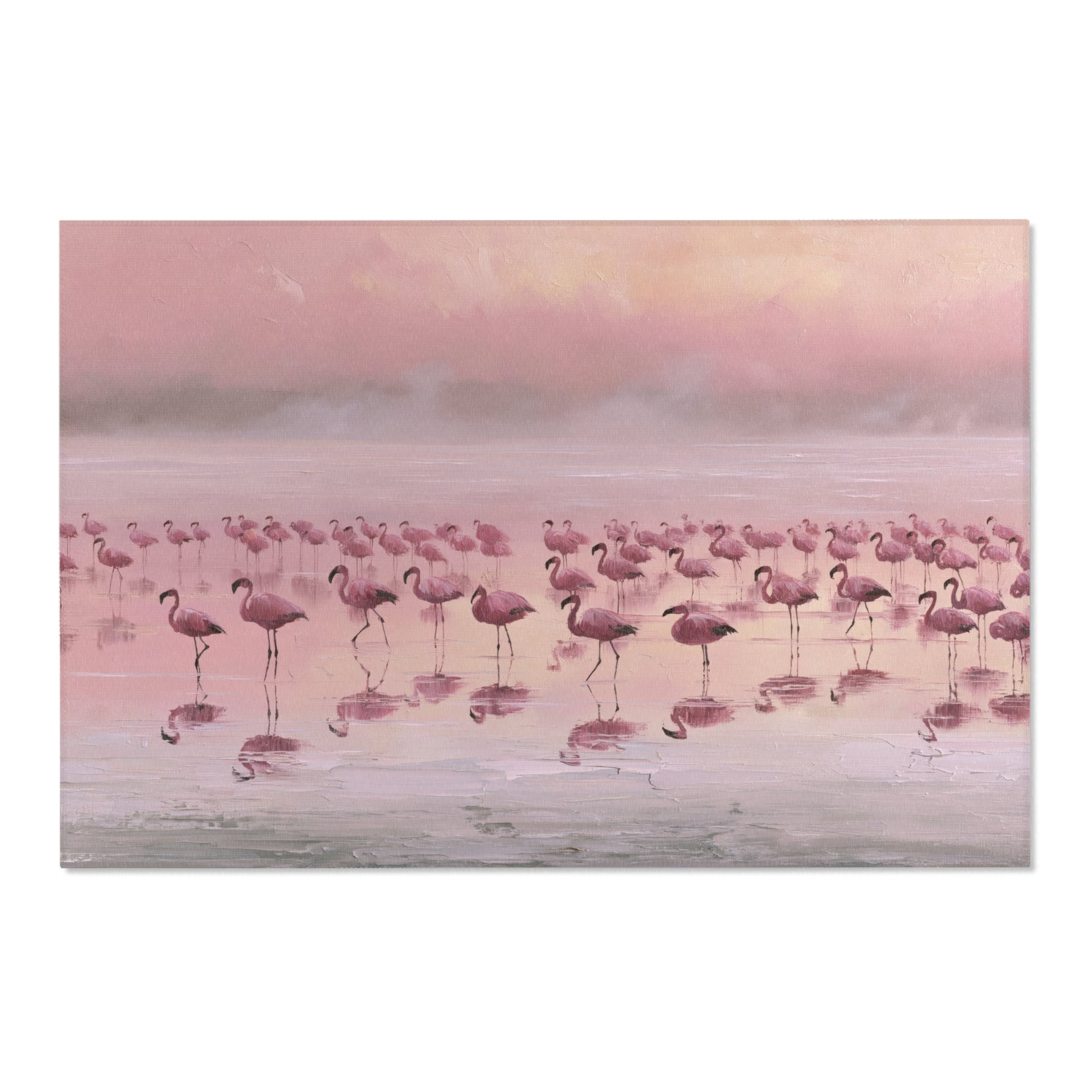 Group of pink flamingos standing in water with a pastel sky.