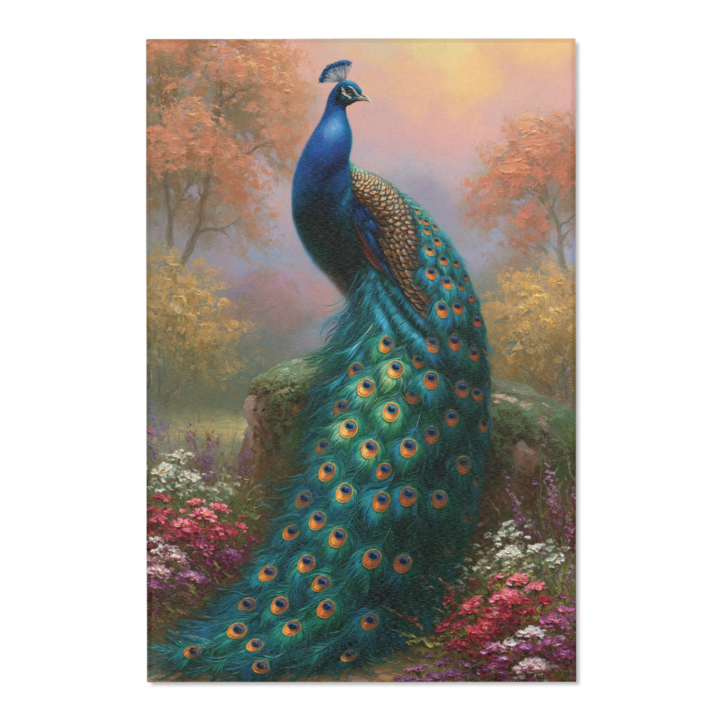 Area rug of a peacock in a forest setting with colorful foliage.
