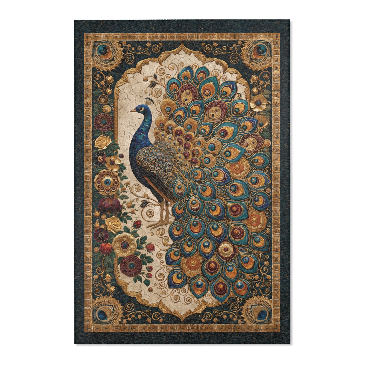 Decorative rug with a peacock design on a white background