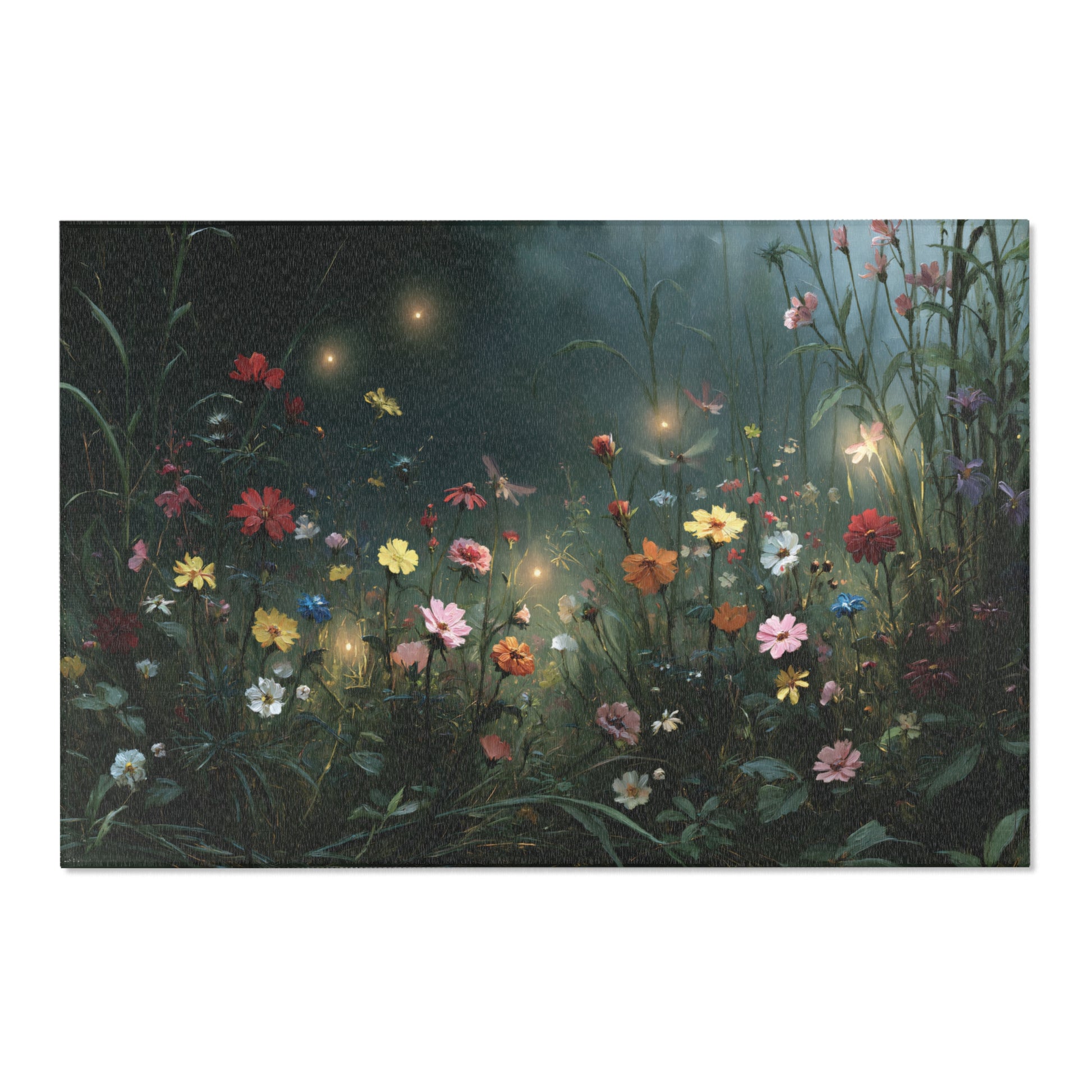 Area rug of a night scene with flowers and lanterns on a white background