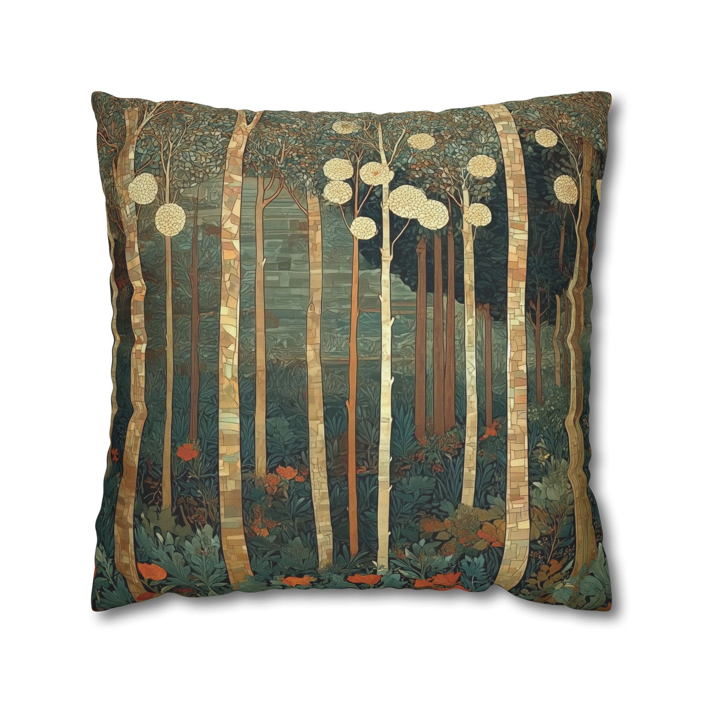 Enchanted Forest Trees Pillow Case, Arts and Crafts Botanical Design, Green Cushion Cover