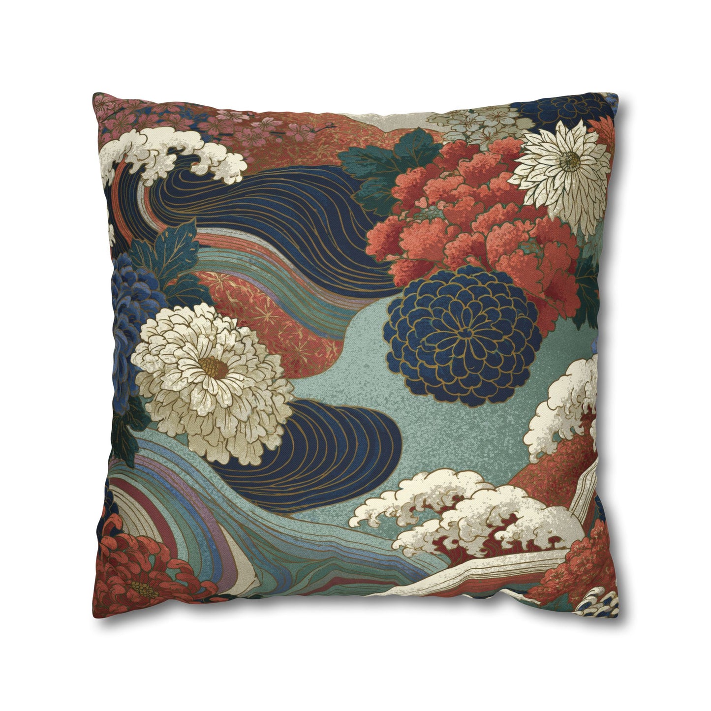 Decorative pillow with floral and wave design on a white background
