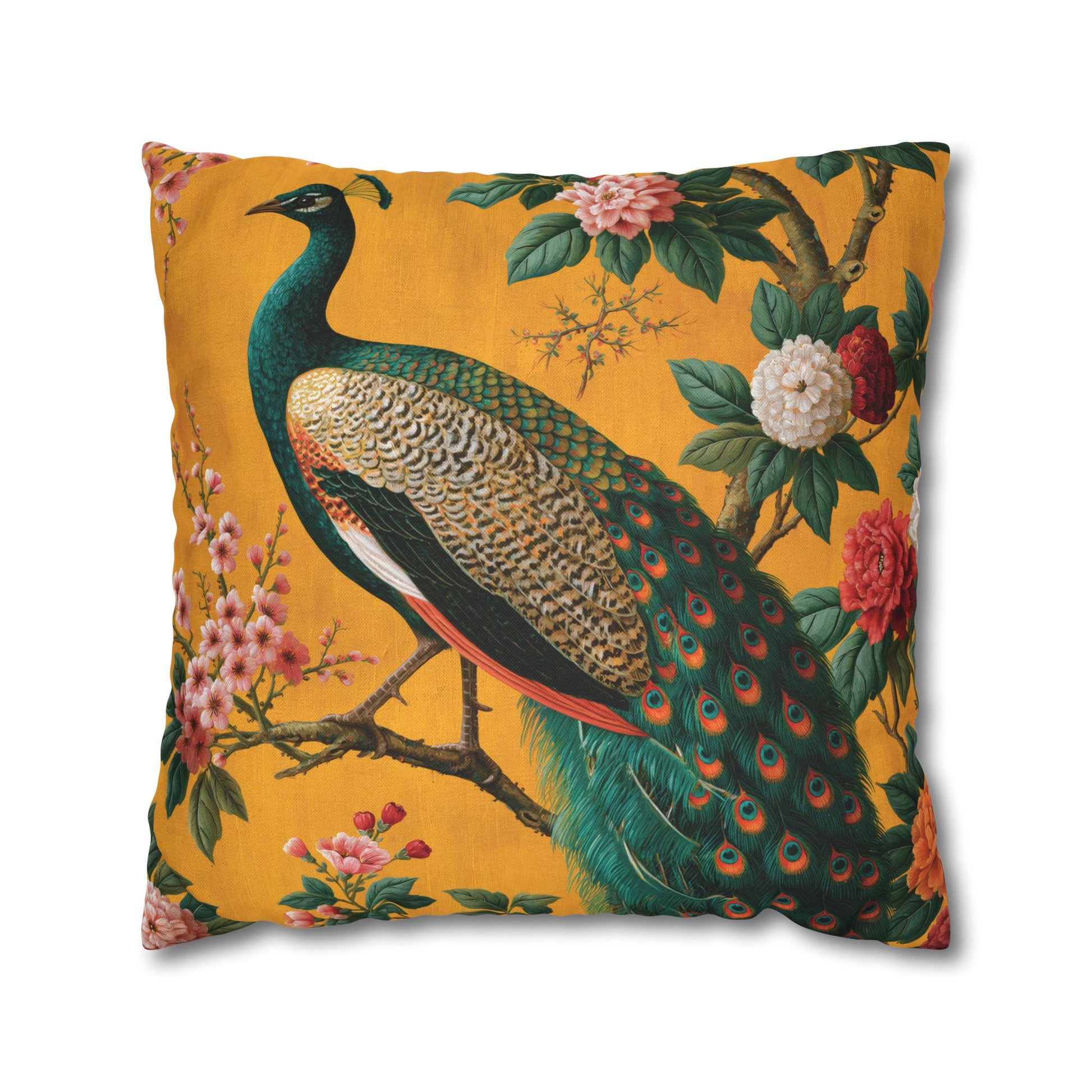 Decorative pillow with a peacock and floral design on a yellow background