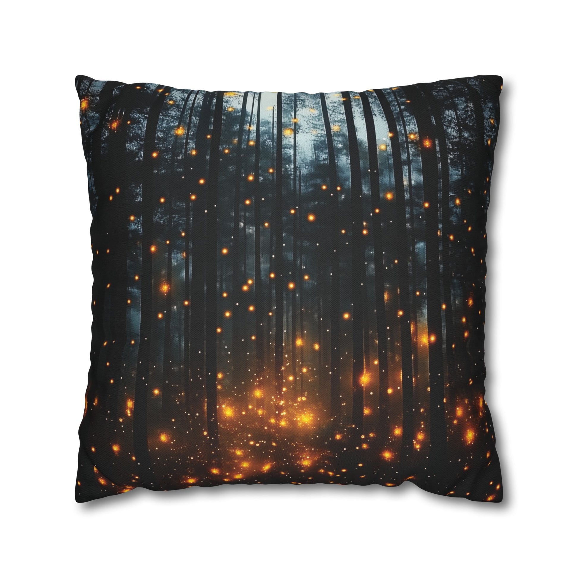 Pillow with a forest design featuring glowing lights on a white background