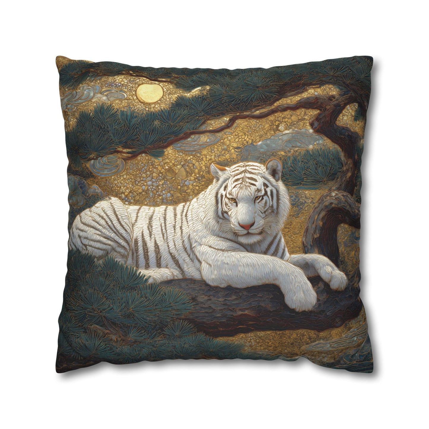 Decorative pillow with a white tiger design on a natural landscape background