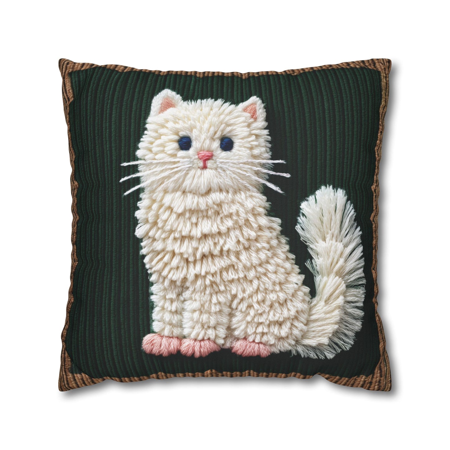 Fluffy White Cat Pillow Case, Dark Green Boho Living Room Cushion Cover