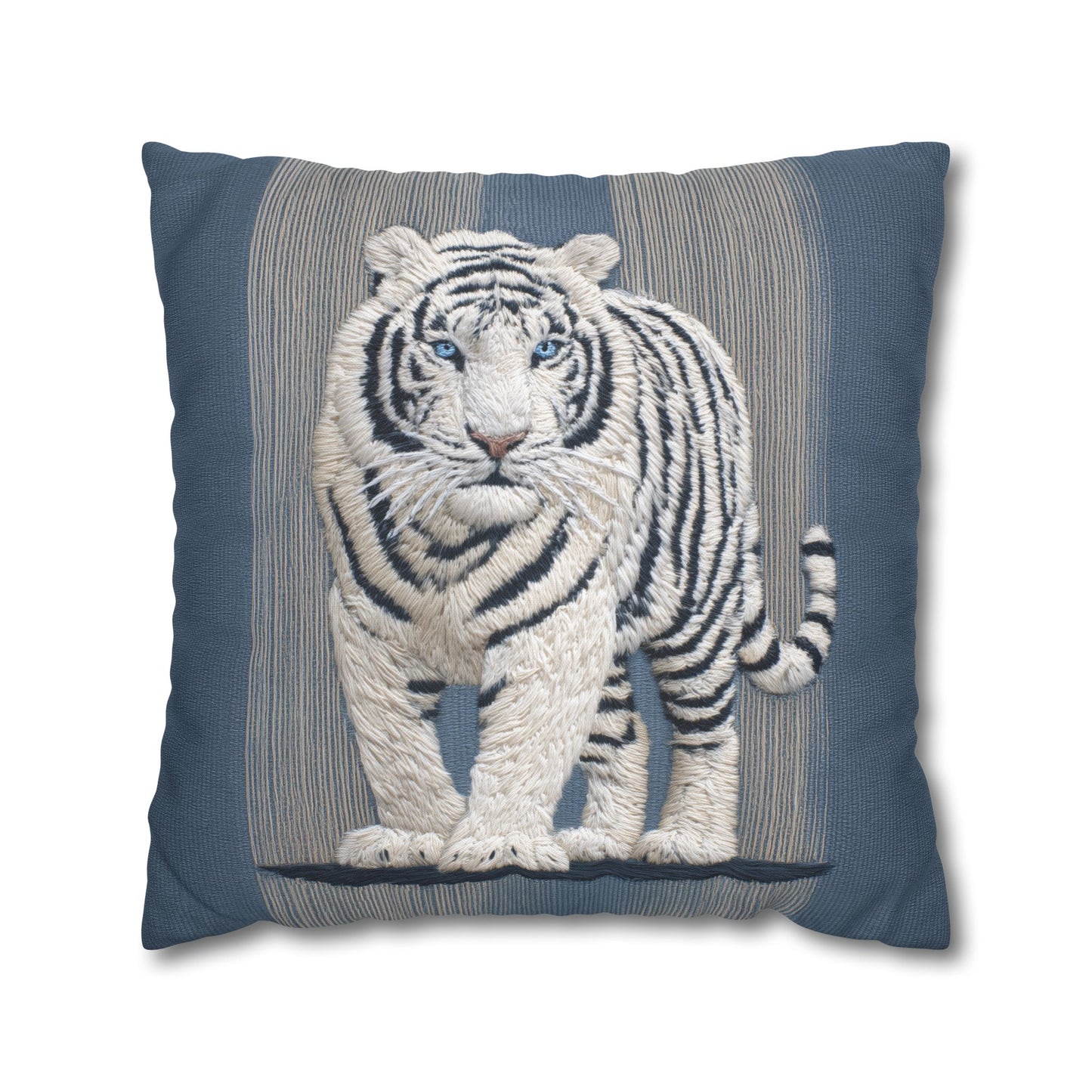 Decorative pillow with a white tiger design on a blue background