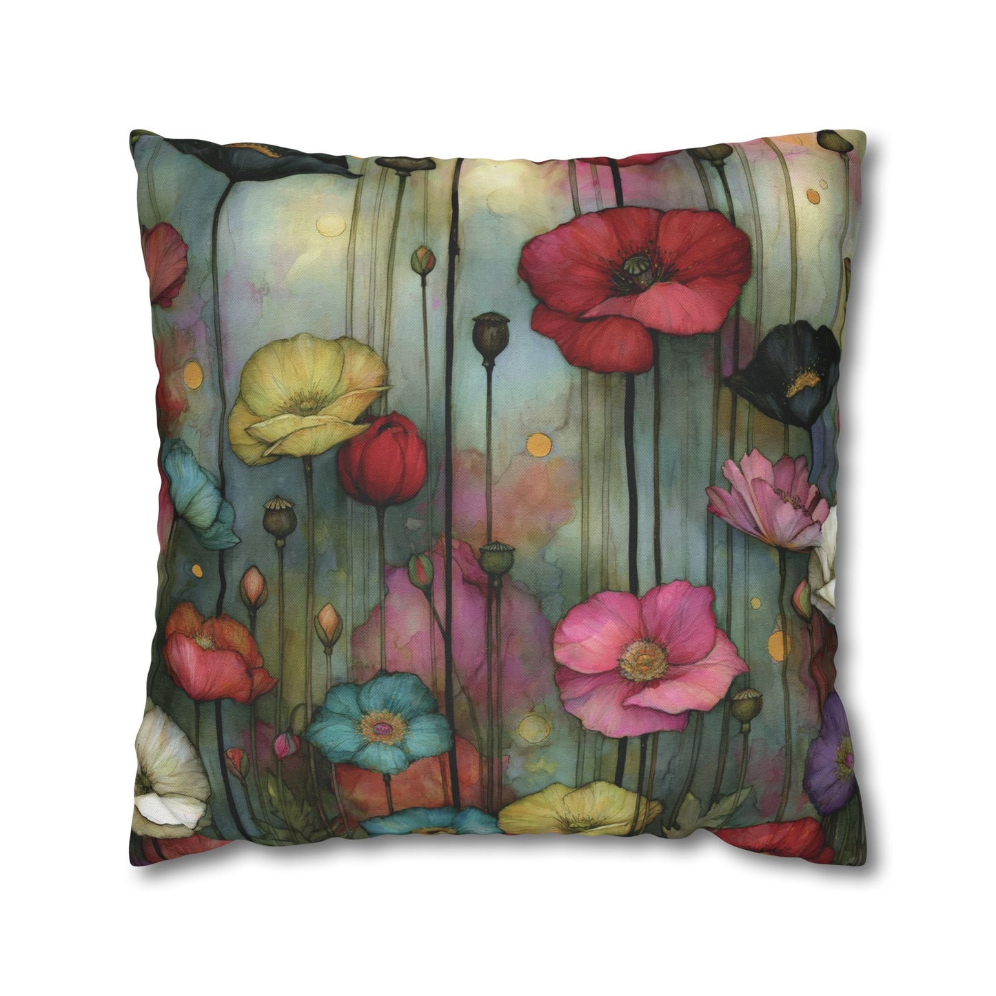 Decorative pillow with colorful floral design on a white background