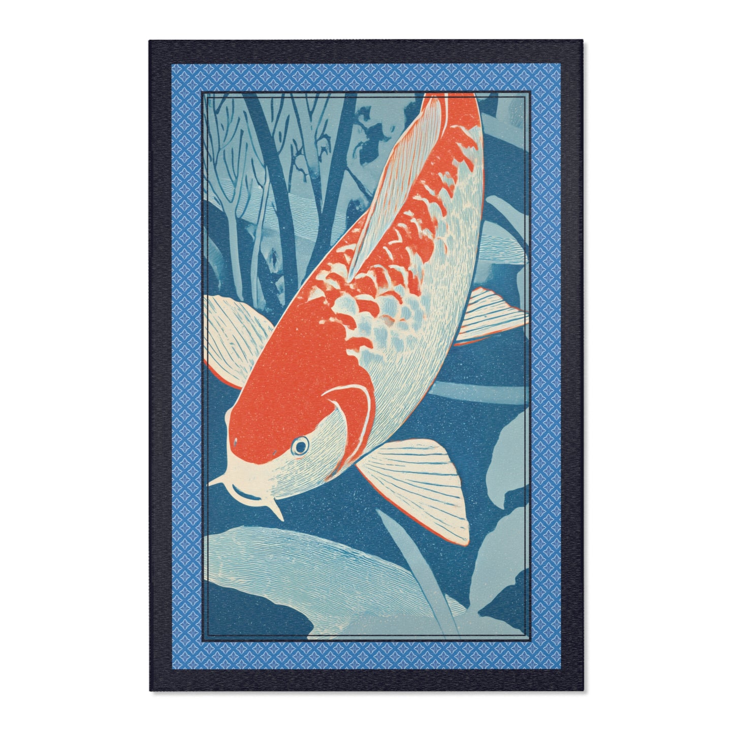 Area rug of an orange and white fish with blue background