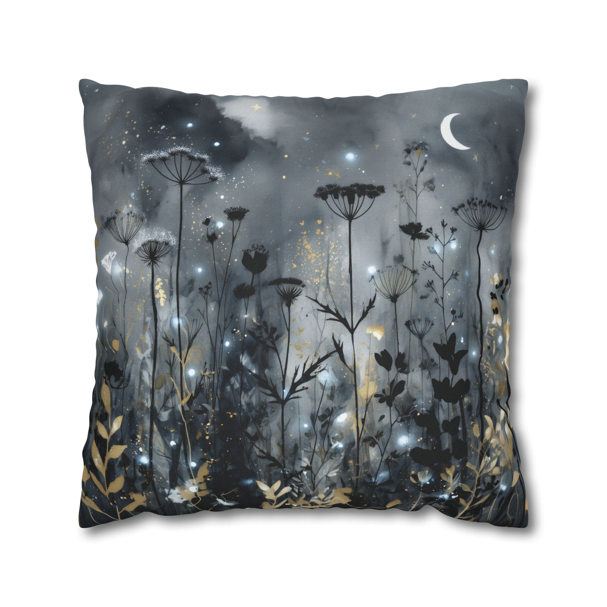 Decorative pillow with floral design and night sky on a gray background