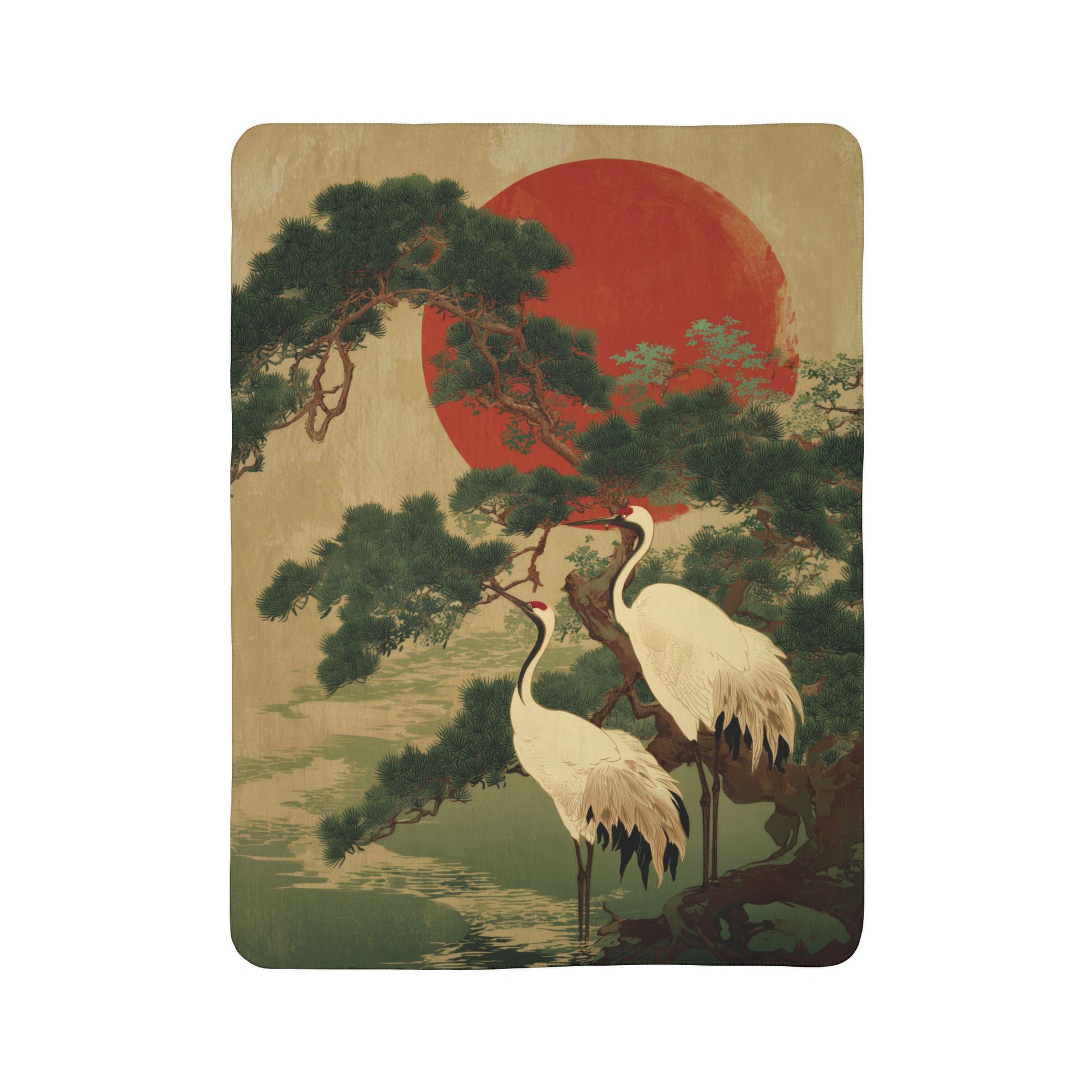 Traditional Japanese artwork of two cranes under a red sun with a tree.