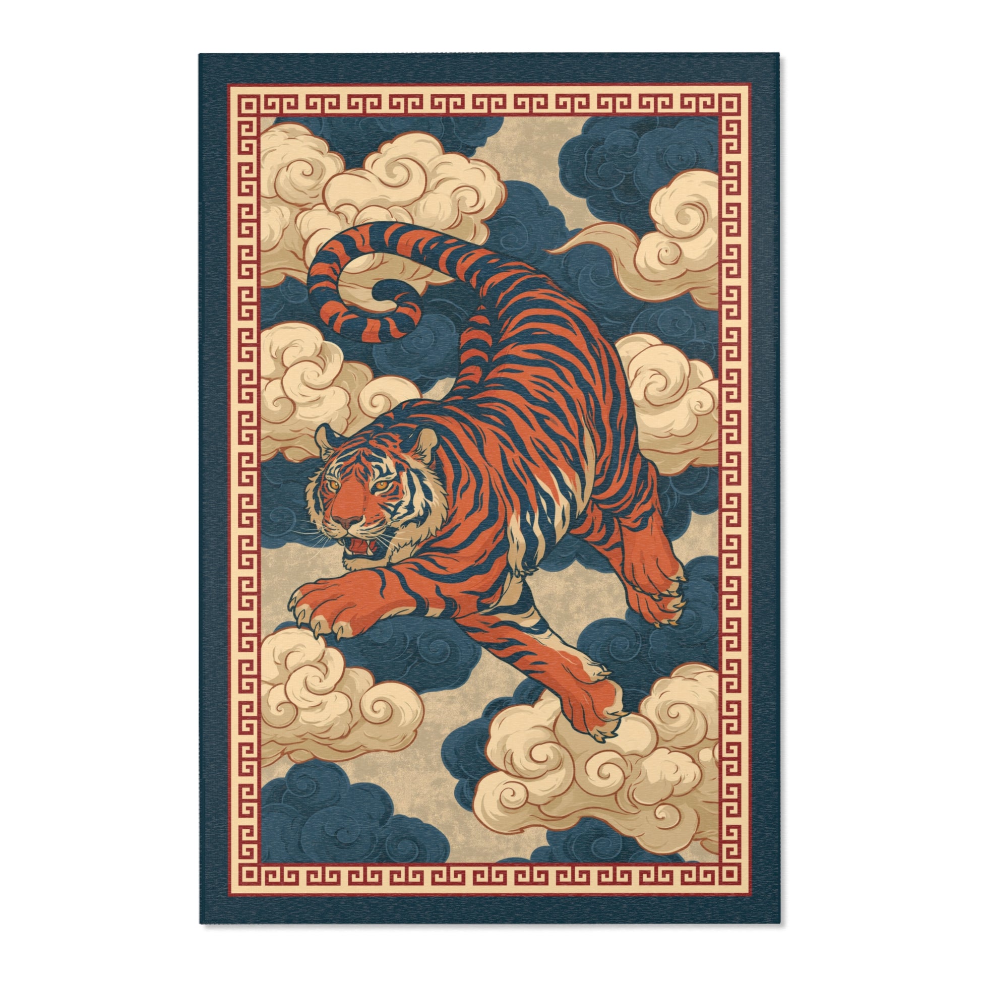 Decorative rug with a tiger design on a blue background